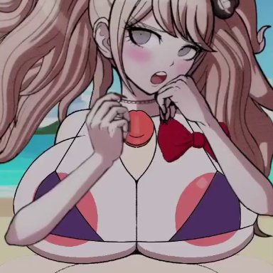 beat banger, danganronpa, junko enoshima, monokuma, 1boy, 1girls, areola, areola slip, areolae, big breasts, bikini, blue balls, breasts, female, female focus