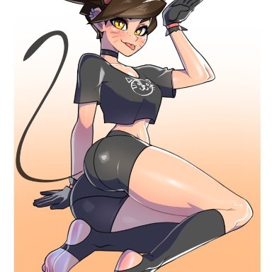 blizzard entertainment, overwatch, overwatch 2, tracer, minicop2001, 1girls, blush, booty shorts, brown hair, cat ears, cat tail, catgirl, choker, crop top, cute