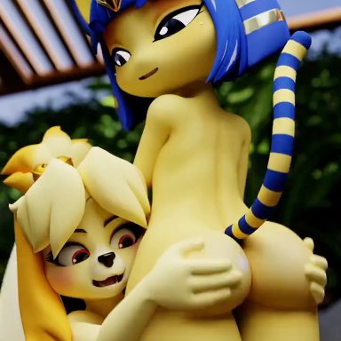 animal crossing, nintendo, ankha, ankha (animal crossing), isabelle (animal crossing), dopyteskat, 2girls, anthro, ass, bangs, blue hair, breasts, cute, duo, female