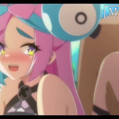 creatures (company), game freak, nintendo, pokemon, pokemon (game), pokemon sv, iono (pokemon), maenchu, 1boy, aqua hair, bangs, blush, bottomless, bouncing breasts, bow