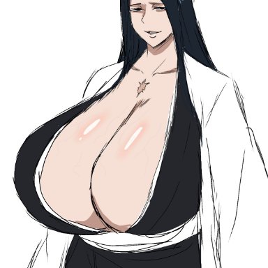 bleach, unohana retsu, unohana yachiru, momiji (artist), 1girls, alternate breast size, big breasts, black eyes, black hair, breasts, cleavage, clothing, collarbone, evil grin, eyelashes