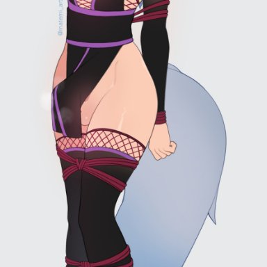 kuromaru (original character), matemi, 1boy, ball gag, blue eyes, bondage, crossdressing, crossdressing male, ears down, facial markings, femboy, fishnet, fox, fox boy, fox ears