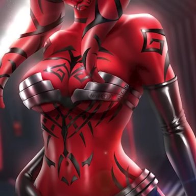 star wars, darth talon, ayyasap, 1girls, big breasts, bra, breasts, female, female only, half naked, looking at viewer, red skin