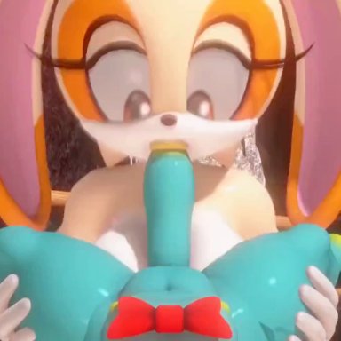 sonic (series), chao (sonic), cream the rabbit, leviantan581re, 1boy, 1boy2girls, 2girls, all the way to the base, alternate breast size, belly bulge, blowjob, blowjob face, deep blowjob, deep throat, deepthroat