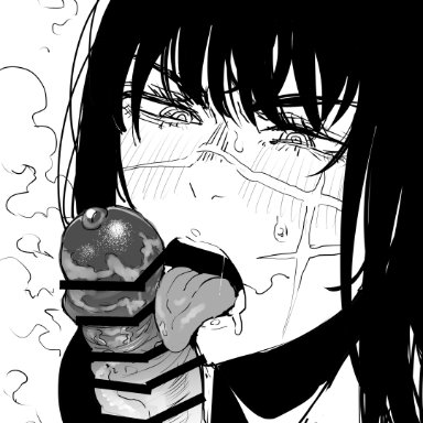 chainsaw man, yoru (chainsaw man), reinoenu (anon), 1boy, collared shirt, cross scar, erection, fellatio, female, licking, licking penis, long hair, male pubic hair, open mouth, oral