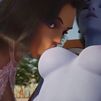 blizzard entertainment, overwatch, overwatch 2, amelie lacroix, sombra, widowmaker, vivans, 2girls, alternate costume, alternate hairstyle, beach, bikini, blue body, breast sucking, breasts