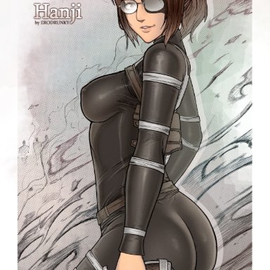 attack on titan, shingeki no kyojin, hanji zoe, erodrunky, female, looking at viewer, tight fit, weapon