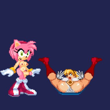 m.u.g.e.n, project x love potion disaster, sega, sonic (series), sonic the hedgehog (series), amy rose, mobian (species), supergirl, anthro, blonde hair, blue eyes, bottomwear, breasts, clothing, demon