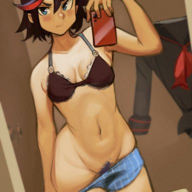 kill la kill, matoi ryuuko, blooparchives, 1girls, awkward, bangs, bathroom, black hair, blue eyes, blush, bra, bra strap, embarrassed, female, looking away