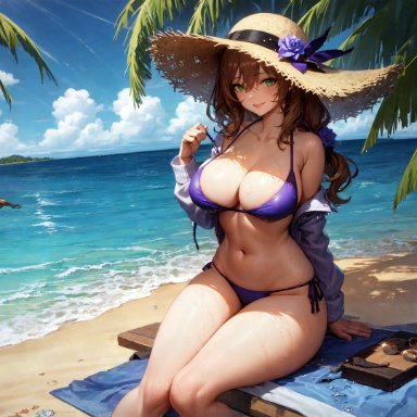 genshin impact, mihoyo, lisa (genshin impact), stable diffusion, 1girls, bikini, brown hair, curvaceous, curvy, curvy body, curvy female, female focus, female only, long hair, seductive look