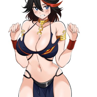 kill la kill, matoi ryuuko, slave leia (cosplay), azmiyudista, 1girls, armlet, azmi yudista, belly dancer, belly dancer outfit, black hair, blue eyes, blush, bracelet, cleavage, harem girl