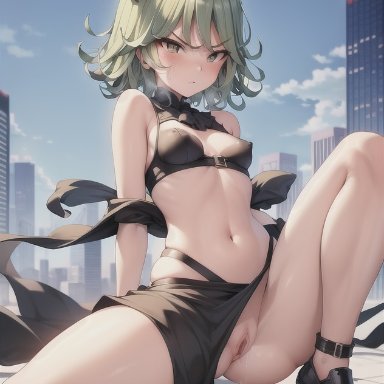 one-punch man, tatsumaki, stable diffusion, green hair, short hair, ai generated