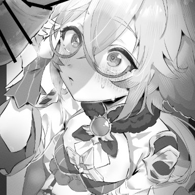 genshin impact, sucrose (genshin impact), sukoyaka93, 1boy, animal ears, blush, closed mouth, dress, erection, female, glasses, gloves, hair between eyes, multicolored hair, penis