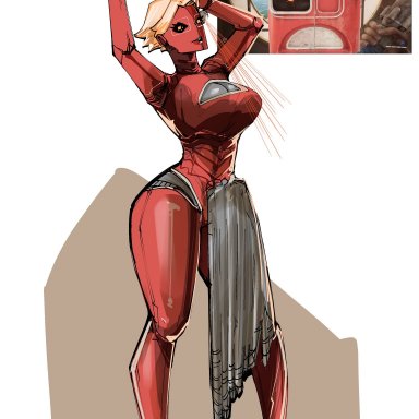 atomic heart, nora (atomic heart), neitheyagi, 1futa, anthrofied, arms up, big ass, big breasts, breasts, cleavage, cleavage cutout, erection, futa only, futa sans balls, futanari