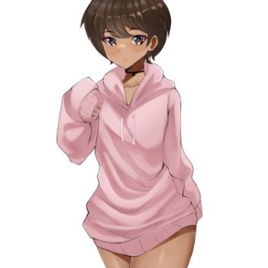 anime dork boyfriend meme, brown eyes, brown hair, choker, dark-skinned male, femboy, pink sweater, pink thighhighs, ai generated