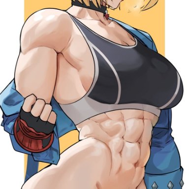 capcom, street fighter, street fighter 6, cammy white, cromwellb, abs, antenna hair, belt, black choker, blonde hair, blue jacket, blush, breasts, choker, clenched hand