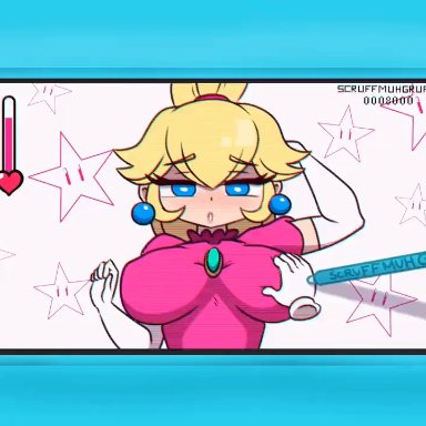 3ds, mario (series), nintendo, super mario bros., princess peach, video game character, endymionva, scruffmuhgruff, 1girls, 5 fingers, big breasts, big nipples, blue eyes, blush, blushing profusely