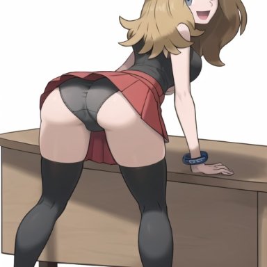 pokemon, pokemon xy, serena (pokemon), serena (pokemon games), ass, bent over, bent over table, big ass, blonde hair, female, grey eyes, hat, long hair, panties, shoes