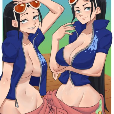 one piece, nico robin, 2girls, arm above head, arm under breasts, big breasts, black hair, blush, breast hold, breasts, busty, child bearing hips, cleavage, clone, female