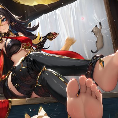 genshin impact, dehya (genshin impact), damao yu, barefoot, cat ears, feet, foot fetish, foot focus, looking at viewer, presenting feet, soles, tagme