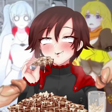 rwby, ruby rose, weiss schnee, yang xiao long, segal03, tabletknight, 1girls, ahe gao, clothed, cookie, cum, cum covered, cum eating, cum in container, cum in glass