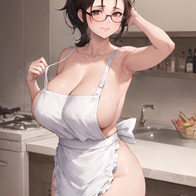 original, original character, stable diffusion, stuffyai, 1girls, apron, arm up, armpits, breasts, brown hair, cleavage, female, glasses, huge breasts, light-skinned female