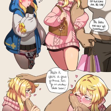 guilty gear, guilty gear strive, bridget, cherrypicmilk, 2boys, blonde hair, blowjob, blue eyes, blush, dark-skinned male, fellatio, glasses, hand on head, heart, hoodie