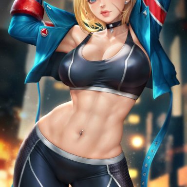 capcom, street fighter, street fighter 6, cammy white, neoartcore, nudtawut thongmai, 1girls, abs, arms up, bare stomach, big breasts, black choker, black clothing, black pants, black tank top