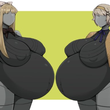 atomic heart, axis powers hetalia, belarus (hetalia), the twins (atomic heart), ukraine (hetalia), zeruxu, 2girls, belly, big belly, big breasts, blonde hair, breasts, duo, faceless, faceless character