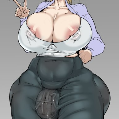 my hero academia, mitsuki bakugou, streachybear, 1futa, areola slip, areolae, ass, big breasts, blonde hair, blush, breasts, bulge, bulge through clothing, cleavage, clothed