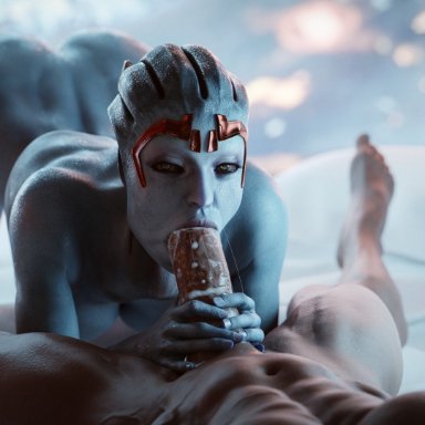 bioware, mass effect, mass effect 3, asari, samara, ceeeeekc, 1boy1girl, alien, alien girl, ass, athletic, athletic female, bed, between breasts, blue body