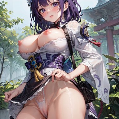 genshin impact, mihoyo, raiden shogun, stable diffusion, 1girls, curvy body, curvy female, curvy figure, erect nipples, hair braid, kimono, legwear, long hair, nipple bulge, pink nipples