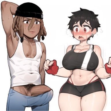 original, 1boy, 1boy1girl, 1girls, ass grab, black hair, black penis, black shirt, black shorts, blue pants, blush, brown eyes, brown hair, brown shorts, bulge