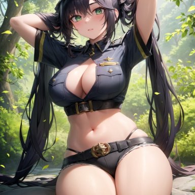 genshin impact, mihoyo, mona (genshin impact), stable diffusion, 1girls, female focus, female only, long hair, police hat, police uniform, policewoman, twintails, underwear, voluptuous female, ai generated