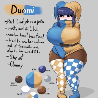 nintendo, duomi (kalmoire), shy gal, kalmoire, bangs, belt, blue hair, character name, checkered clothing, checkered legwear, dark-skinned female, dark skin, freckles, freckles on ass, huge breasts