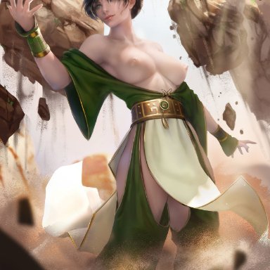 avatar the last airbender, nickelodeon, toph bei fong, zarory, 1girls, action pose, aged up, alternate breast size, anklewear, areolae, artistic nude, athletic, baggy pants, belt, big breasts