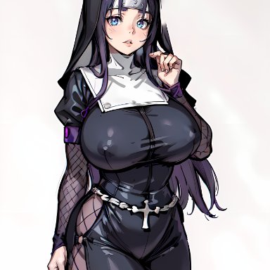 naruto, naruto (series), hyuuga hinata, stable diffusion, big areola, big breasts, big nipples, cross, fishnet armwear, fishnet legwear, fishnet pantyhose, huge breasts, huge nipples, nun, puffy areola