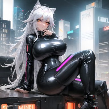 ribbsemporium, stable diffusion, bodysuit, bra, bursting breasts, cat ears, catgirl, covered nipples, cybernetics, cyberpunk, glowing, huge breasts, latex, latex suit, leather