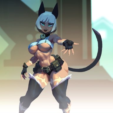 skullgirls, nadia fortune, noonun, 1girls, :3, bare shoulders, belt pouch, blue eyes, bob cut, breasts, bridge, cat girl, crop top, dark-skinned female, dark skin