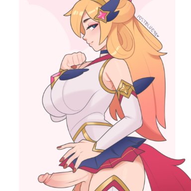 league of legends, star guardian series, ahri, star guardian ahri, postblue98, 1futa, animal ears, areolae, balls, bottomless, breasts, clothed, clothing, erect penis, erection