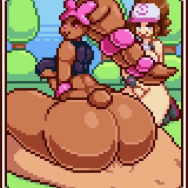 flowframes, nintendo, pokemon, hilda (pokemon), lopunny, mega lopunny, pok&#233;mon (species), shiny pokemon, countmoxi, 1boy, 2girls, alternative color, ambiguous penetration, anal, anthro