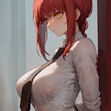 chainsaw man, makima (chainsaw man), amiral ai, 1girls, against wall, breasts, clothed female, female, huge breasts, light-skinned female, light skin, long hair, office lady, red hair, yellow eyes