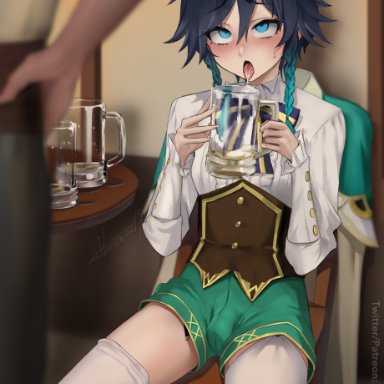 genshin impact, venti (genshin impact), ikemeru19, 2boys, alcohol, beer, blush, brothel, cum, cum drinking, cum in container, cum on tongue, drinking cum, femboy, gokkun