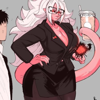 dragon ball, dragon ball z, android 21, majin android 21, embo, breasts, glasses, huge breasts, leggings, office lady, pink body, red eyes, tail, thick, thick thighs