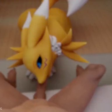 digimon, renamon, oatmealpecheneg, all fours, anal, anthro, blowjob, blue eyes, cum, cum in ass, female, fox, furry, male, male pov