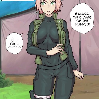 naruto, naruto (series), naruto shippuden, shounen jump, sakura haruno, redjet, 1girls, blush, bob cut, breasts, clothed, clothing, female, female focus, female only