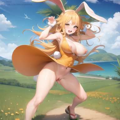 one piece, carrot (one piece), stable diffusion, ai hands, anime nose, carrot, clothed, clothes lift, cosplay, dress, one-piece swimsuit, rabbit ears, tease, teasing, wind
