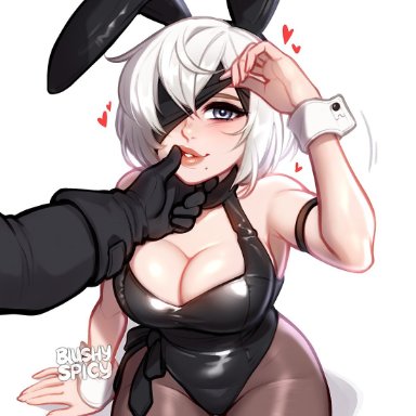 nier: automata, yorha 2b, blushypixy, blushyspicy, 1girls, beauty mark, blindfold, blindfold lift, bunny ears, bunny girl, bunnysuit, cleavage, finger on lip, grey eyes, heart