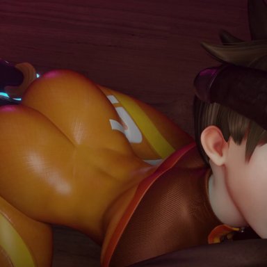 blizzard entertainment, overwatch, tracer, regina3d, 1boy, 1girls, ass shake, athletic female, ball sucking, ball worship, big penis, brown hair, cfnm, clothed female nude male, dark-skinned male