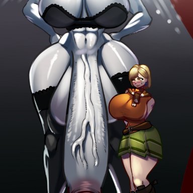 resident evil, resident evil 4, resident evil 8: village, alcina dimitrescu, ashley graham, schnauzercito, 1futa, 1girls, balls, balls bigger than head, balls bigger than torso, big breasts, blonde hair, blush, bottomless